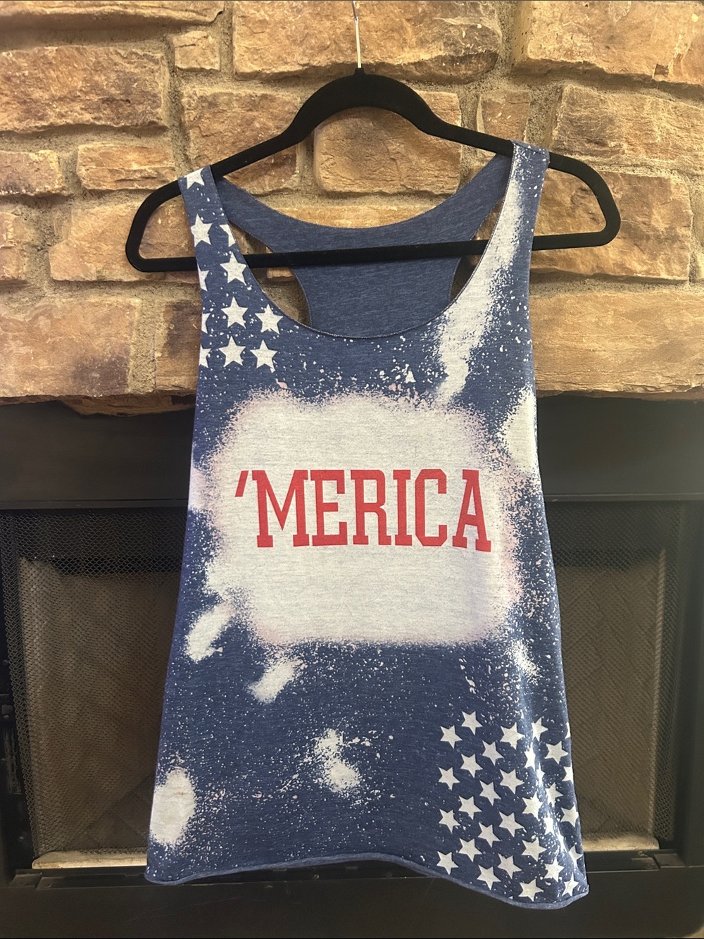 'MERICA Graphic Razorback Tank Top - Blue & White with Red Lettering. Medium